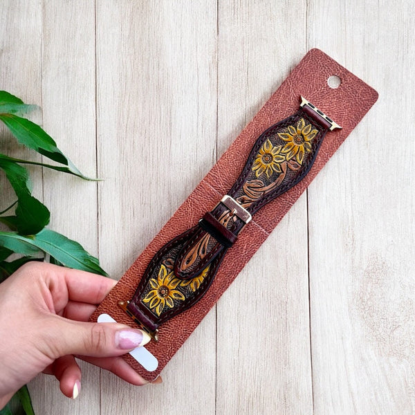 Sunflower Hand Tooled Apple Watch Mand