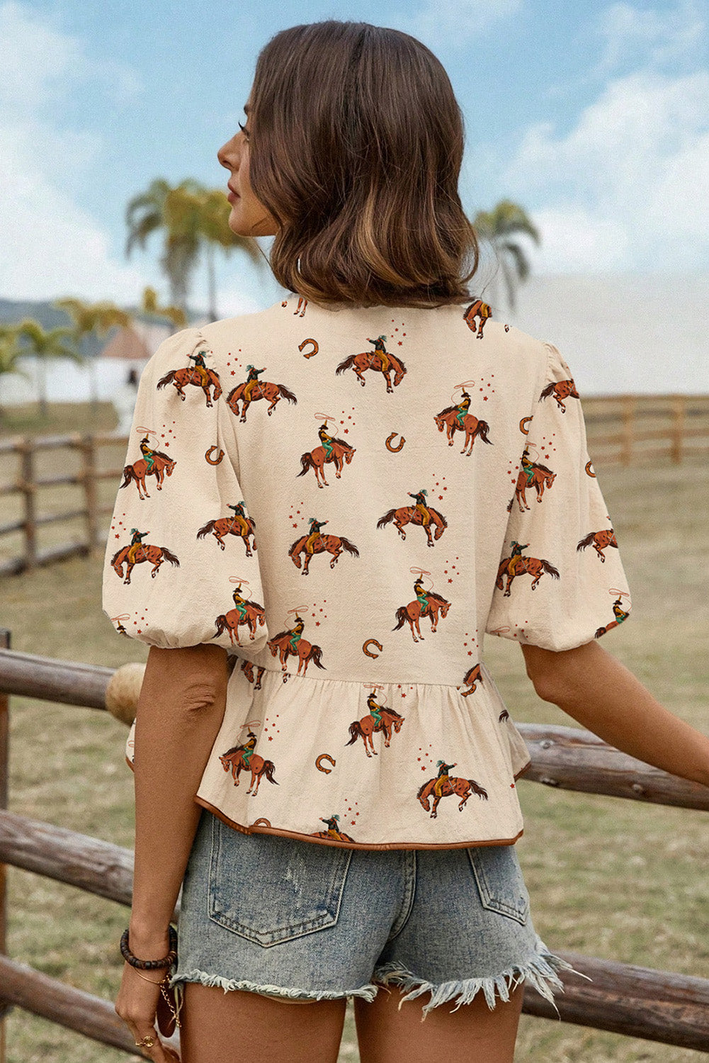Apricot Cowboy Print Puff Sleeve Peplum Blouse 🤠✨