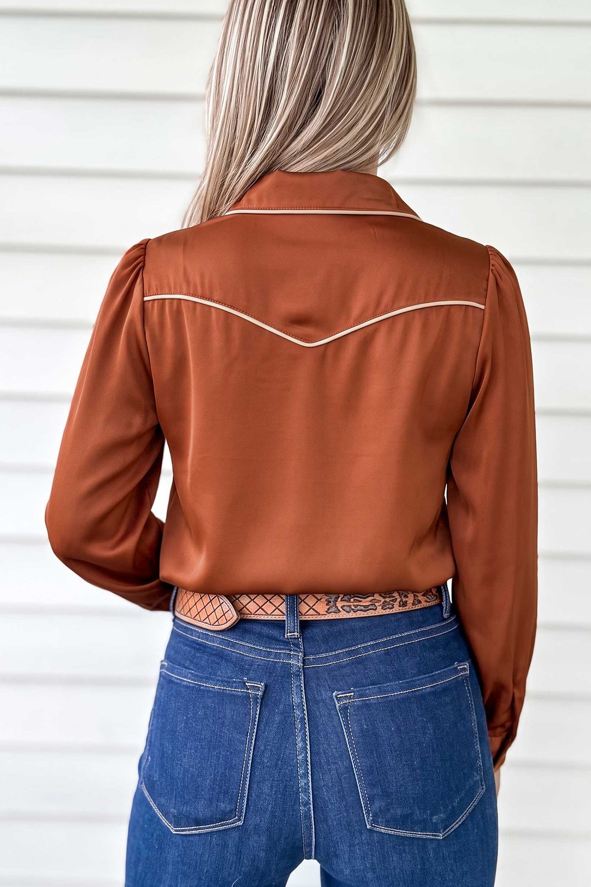 Cinnamon Silky Western Yoke Button-Front Shirt