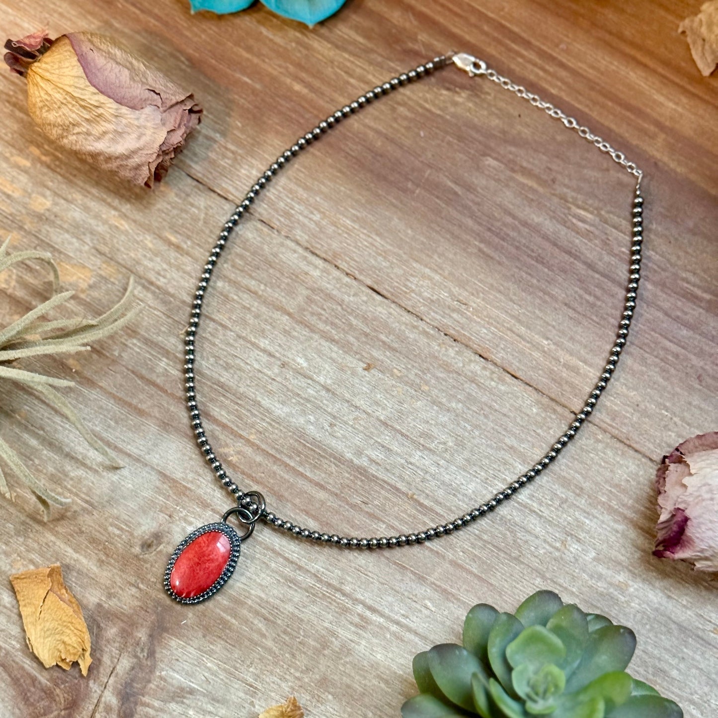 Sterling Silver Pearl Necklace (FREE) + MJ Oval Red Spiny Oyster Pendant