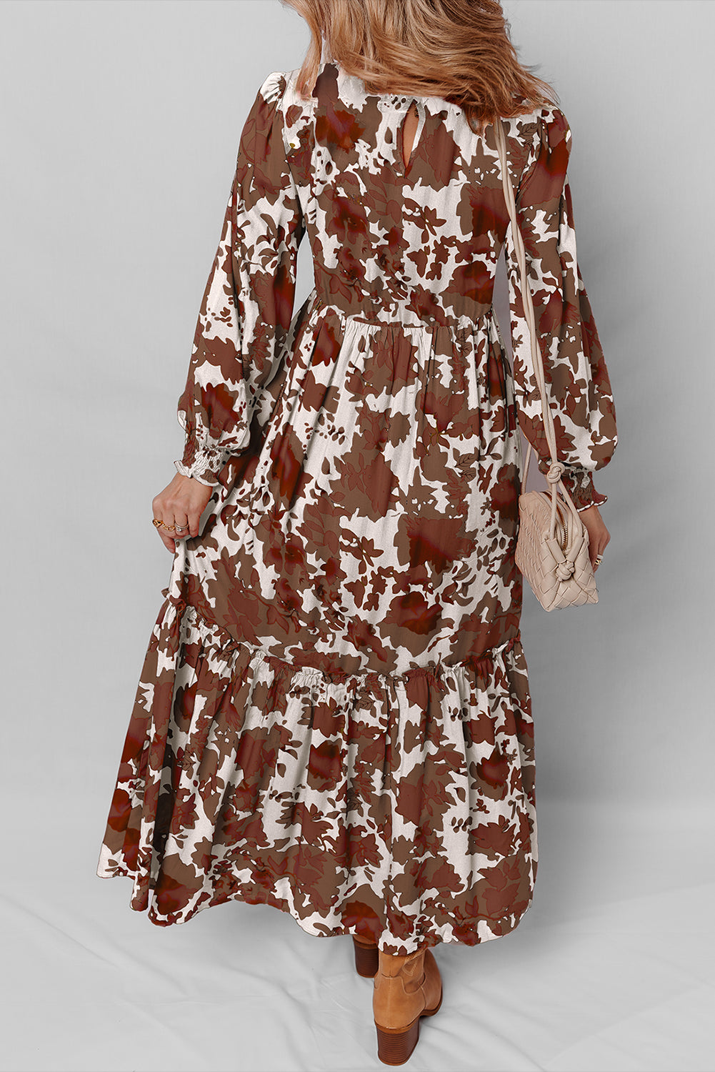Chestnut Floral Puff Sleeve Smocked Bodice Ruffled Long Dress
