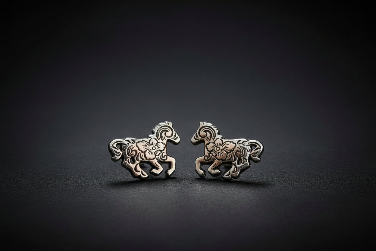 Western Etched Running Horse Post Earring