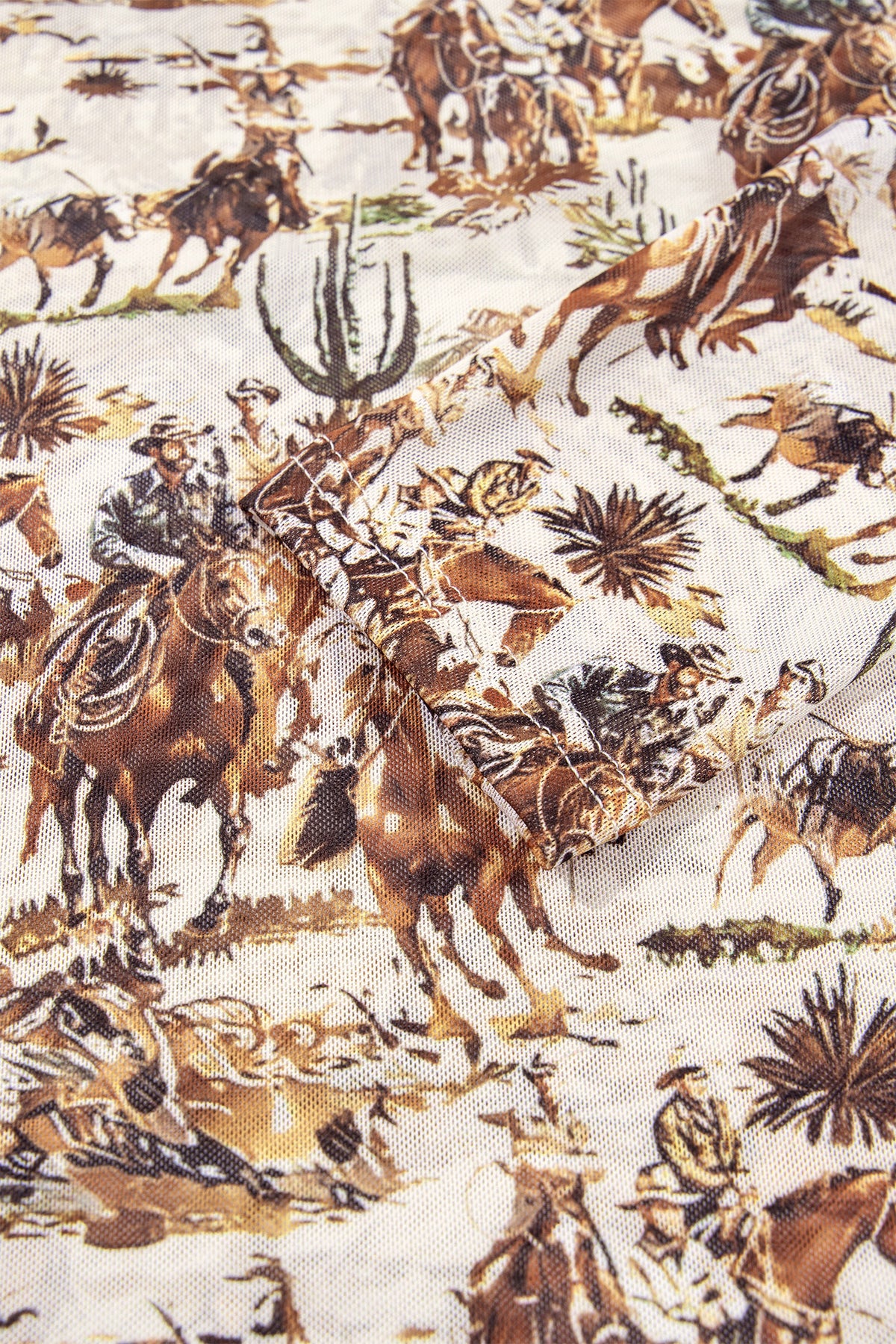 Brown or Beige  Western Cowboy & Floral Sheer Mesh Long Sleeve Top