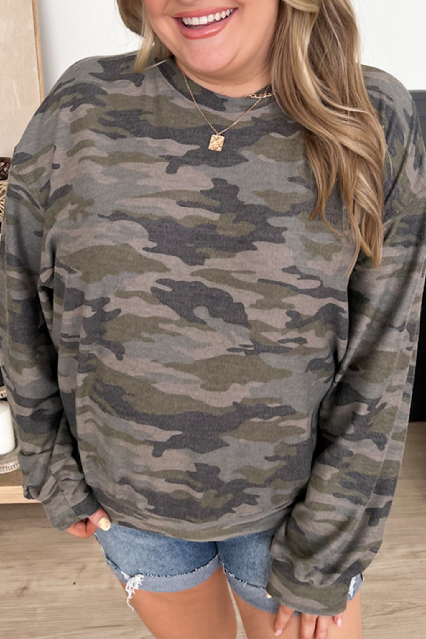 Green Camo Print Relaxed Long Sleeve Blouse 1X–4X
