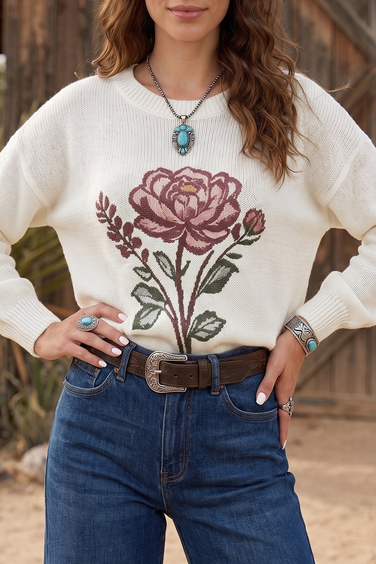 White Western Floral Lightweight Knit Sweater