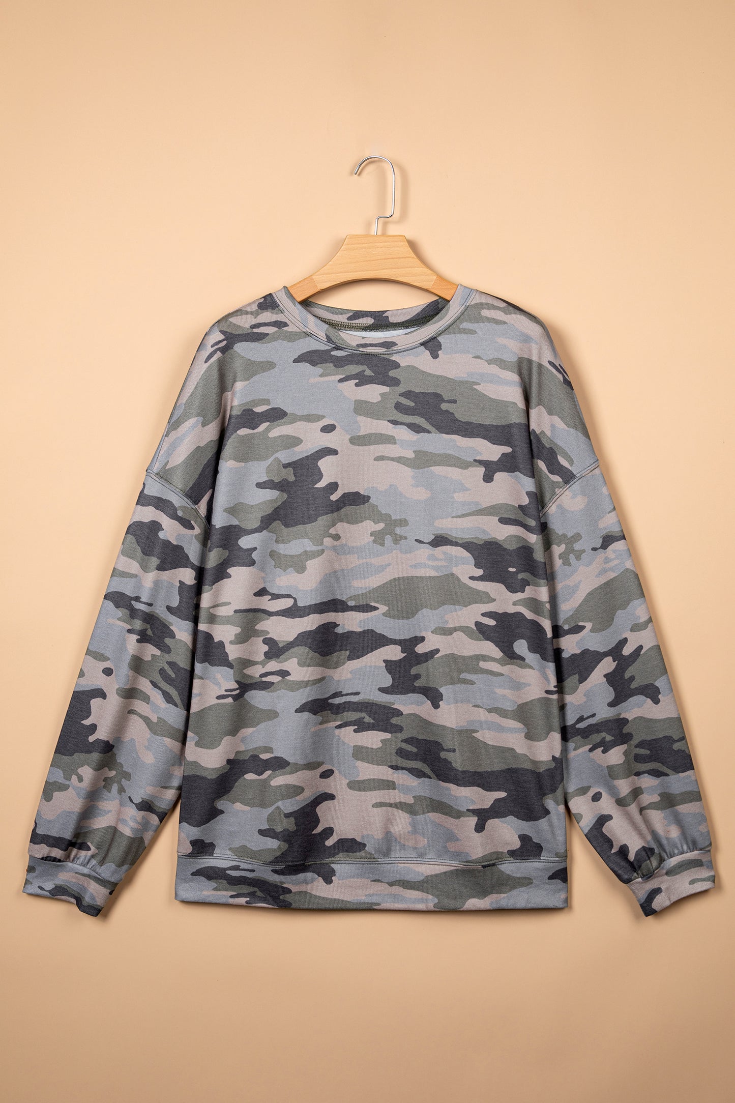 Green Camo Print Relaxed Long Sleeve Blouse 1X–4X