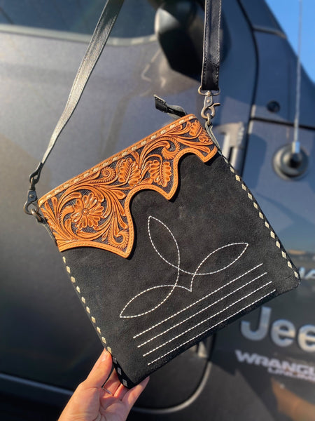 Black Suede Leather & Tooled BootStitch Crossbody
