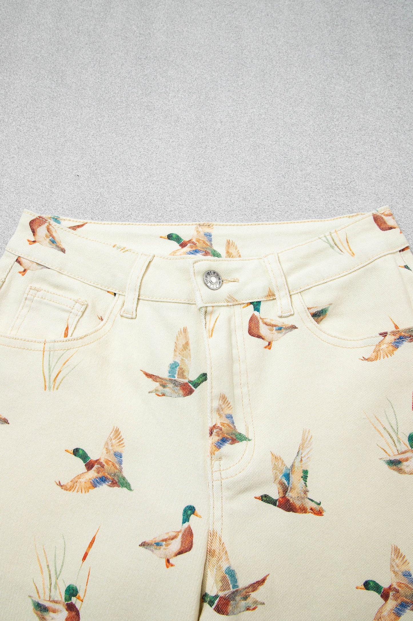 Beige Mallard Printed Cuffed Hem Jeans