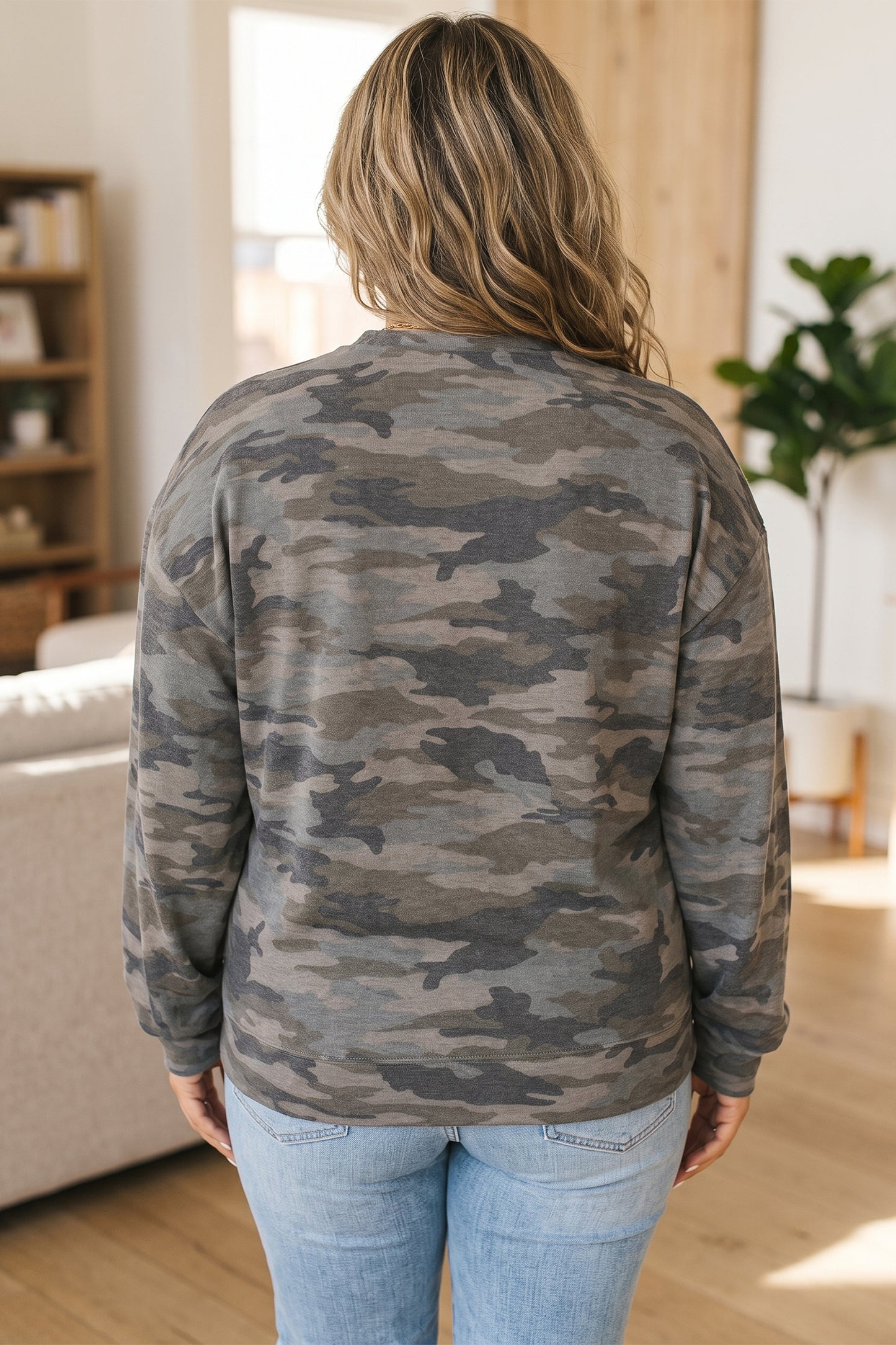 Green Camo Print Relaxed Long Sleeve Blouse 1X–4X