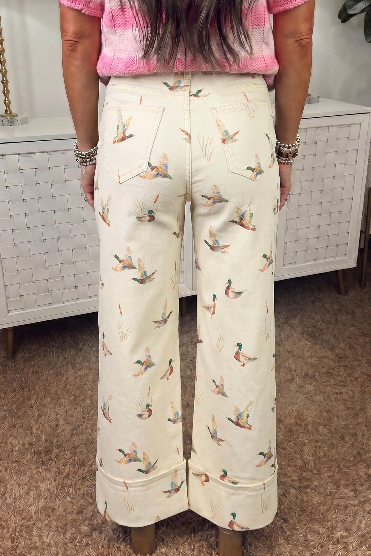 Beige Mallard Printed Cuffed Hem Jeans