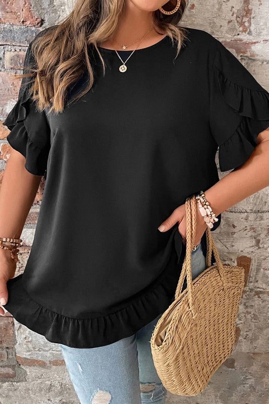 Black Ruffle Trim Petal Sleeve Relaxed Tee 1X–4X