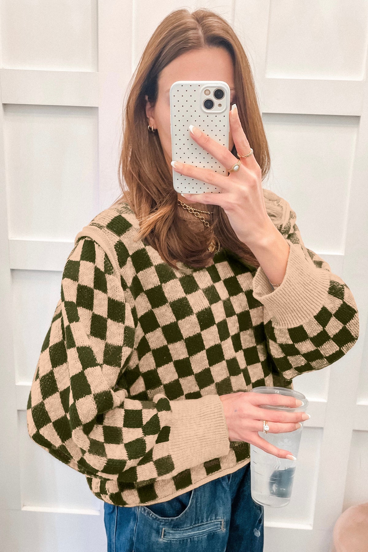 Brown Two Tone Drop-Shoulder Checkered Knit Sweater