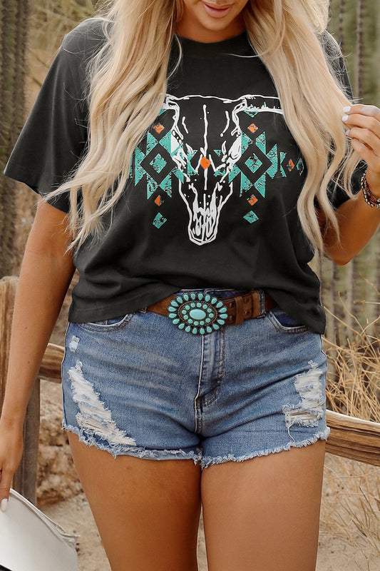 Carbon Gray Western Aztec Bull Skull Graphic T-Shirt 1X–4X