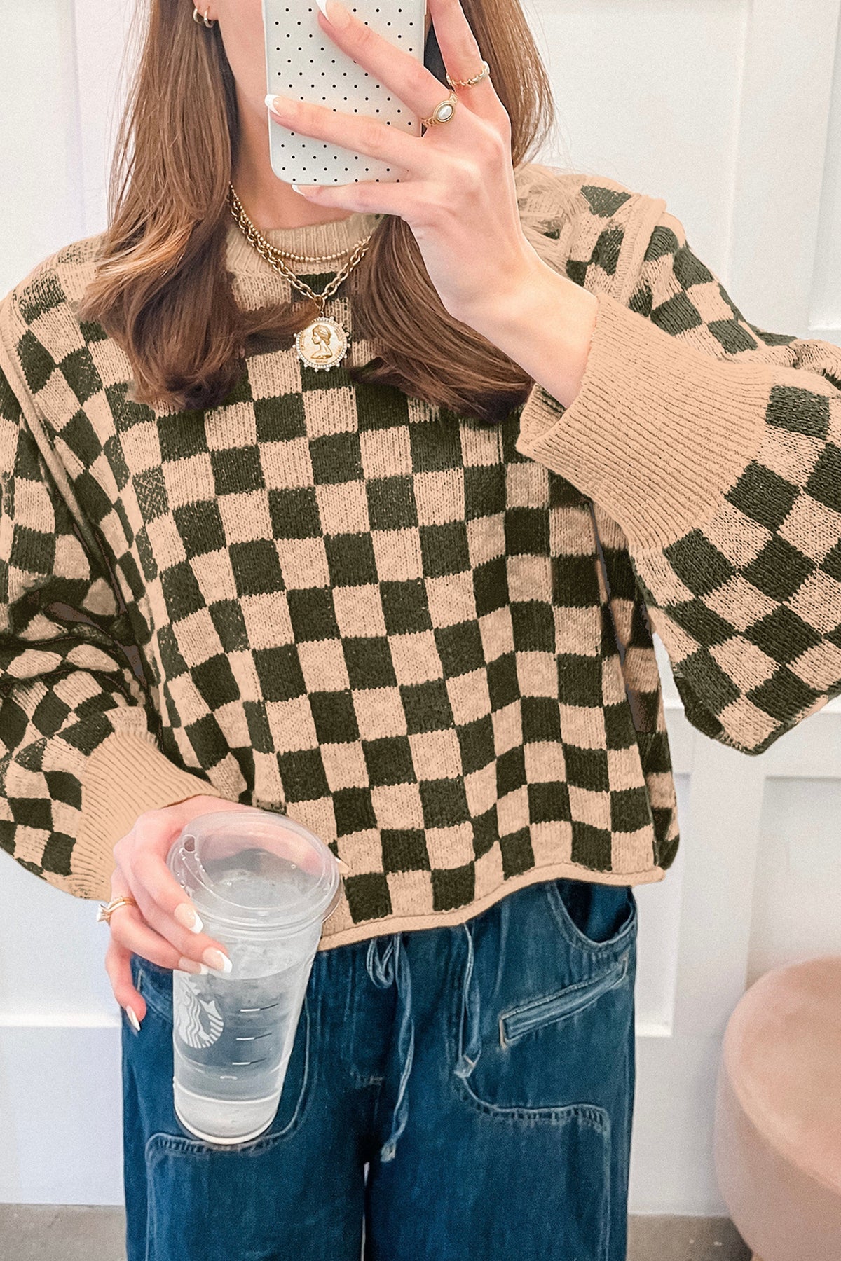 Brown Two Tone Drop-Shoulder Checkered Knit Sweater