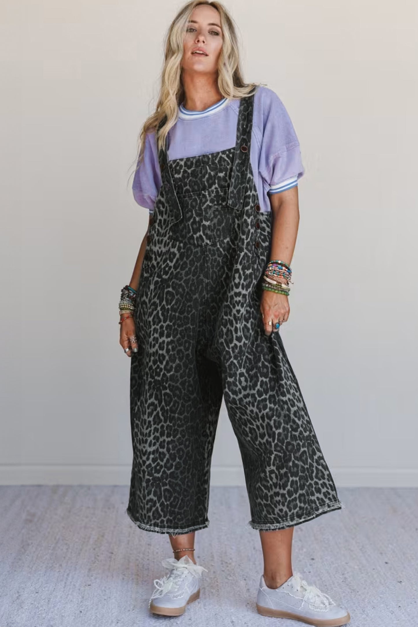 Leopard Print Cropped Denim Overalls