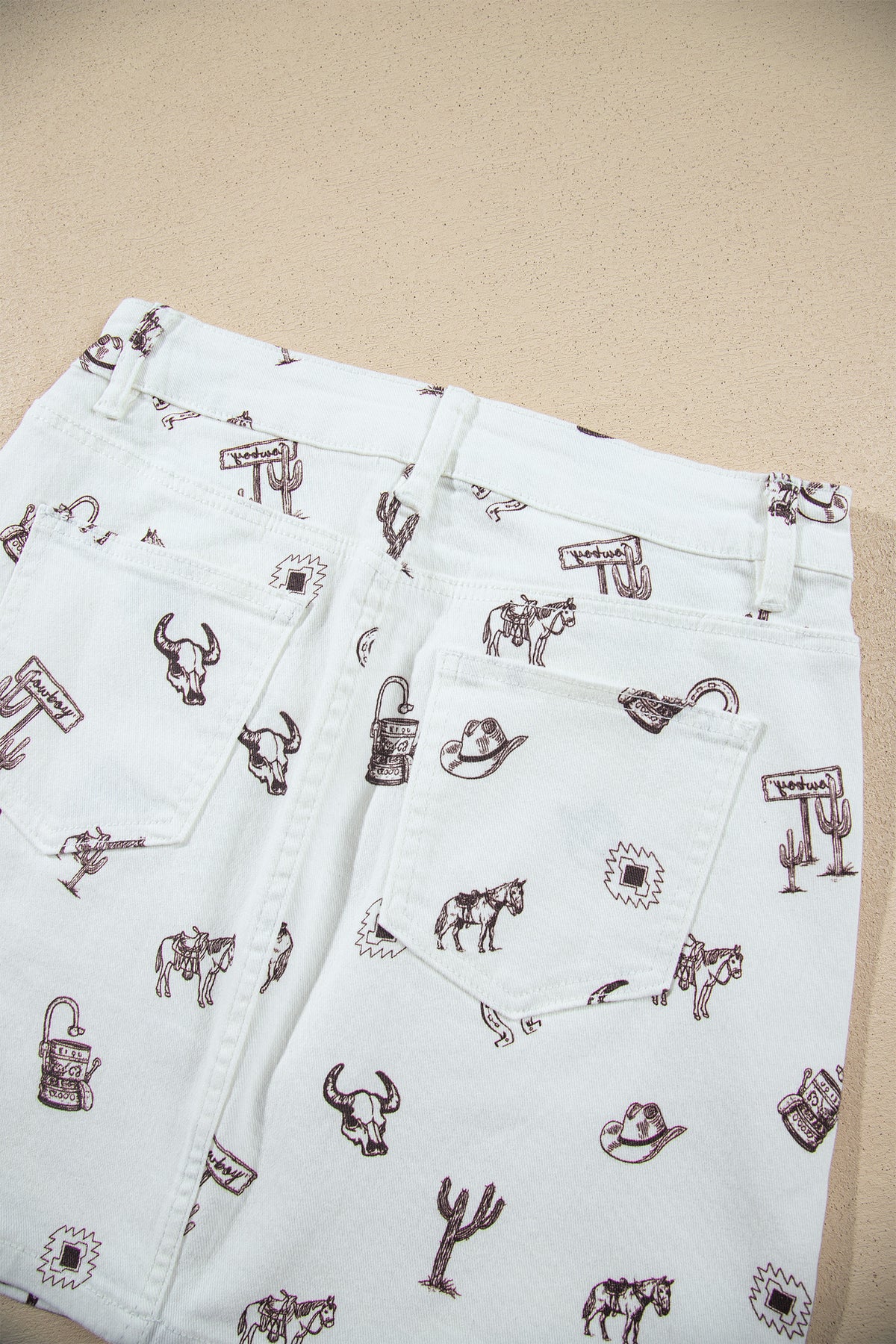 White Western Cactus, Horse & Bull Denim Skirt