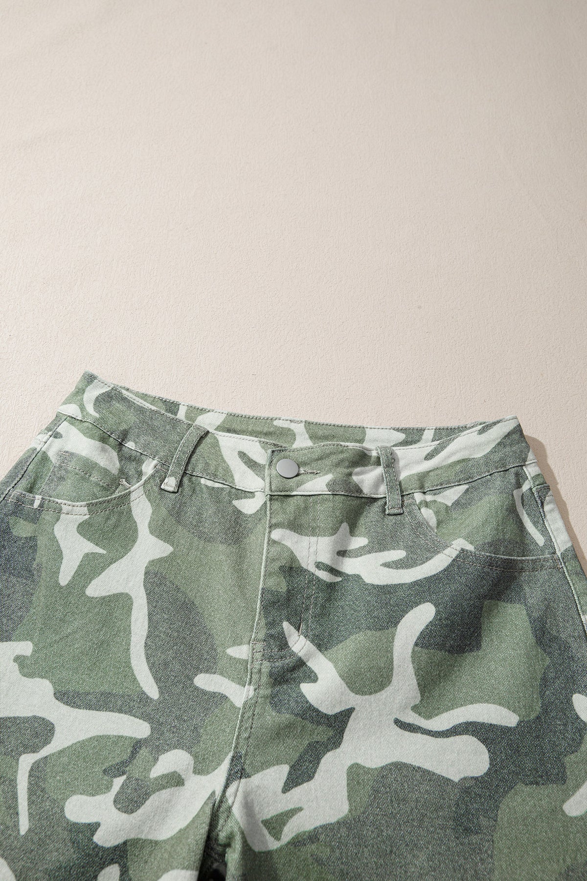 Green Camo Button Fly Straight Leg Ankle Jeans