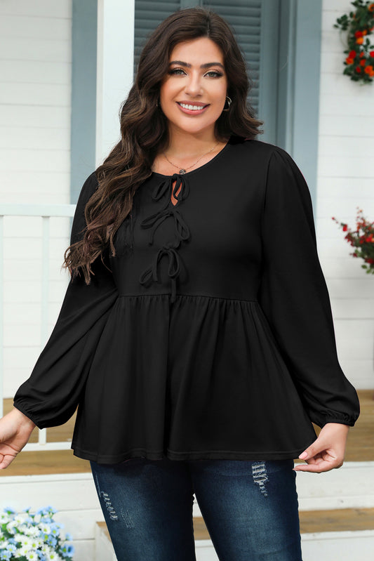 Black Bow Tie-Front Peplum Blouse