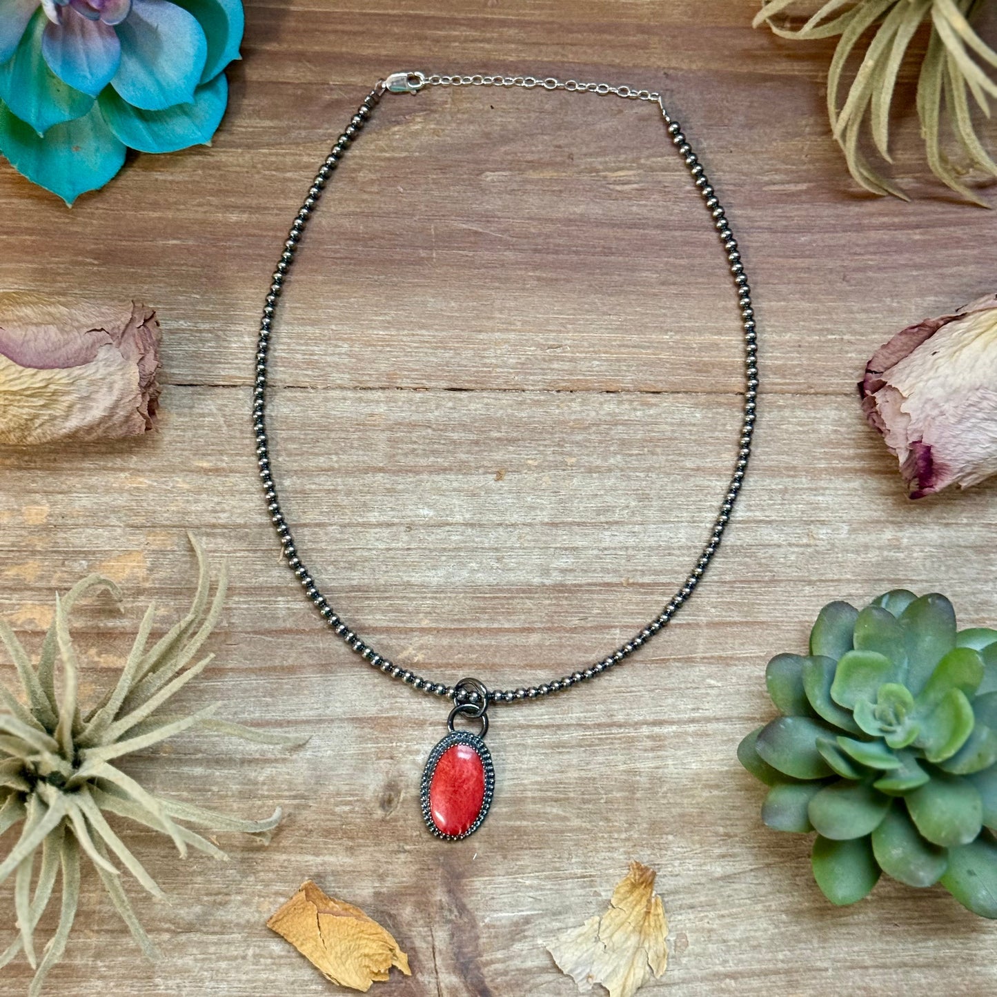 Sterling Silver Pearl Necklace (FREE) + MJ Oval Red Spiny Oyster Pendant