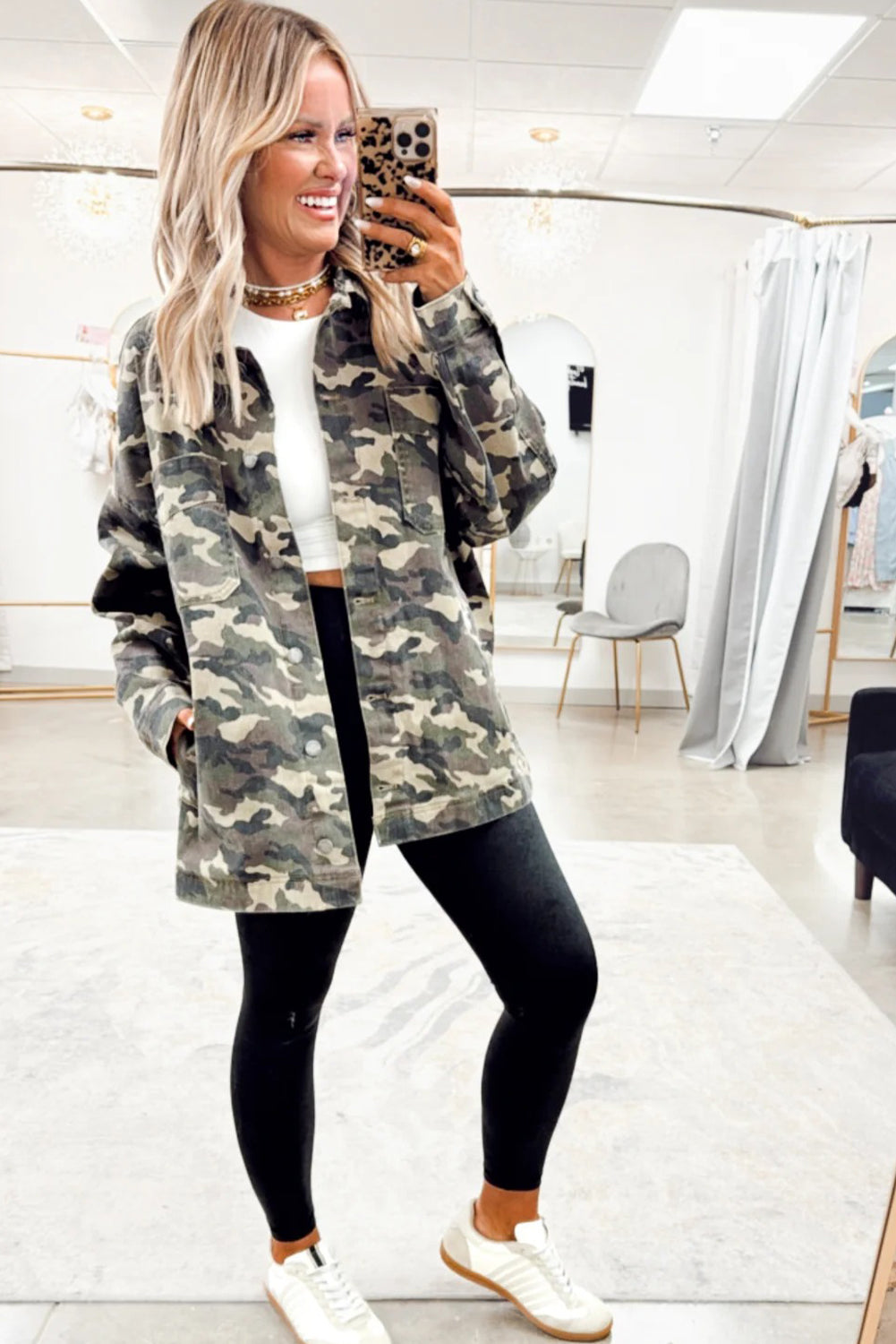 Women’s Green Camo Loose Fit Jean Jacket with Chest Pockets