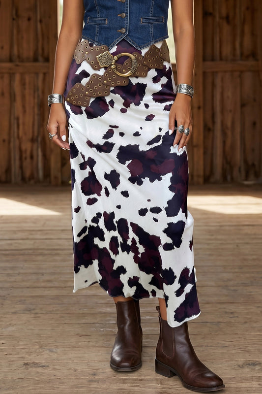Cow Print Zip-Up Midi Skirt