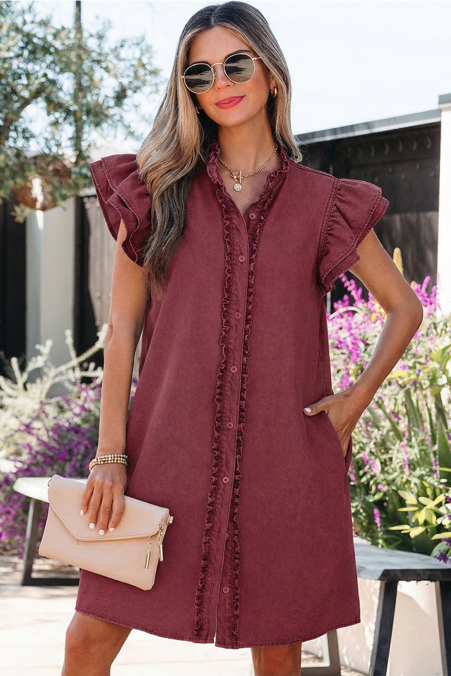 Red Sandalwood Ruffle Sleeve Denim Mini Dress