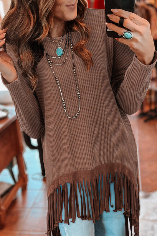 Coffee Waffle Knit Fringed High-Low Top ☕✨