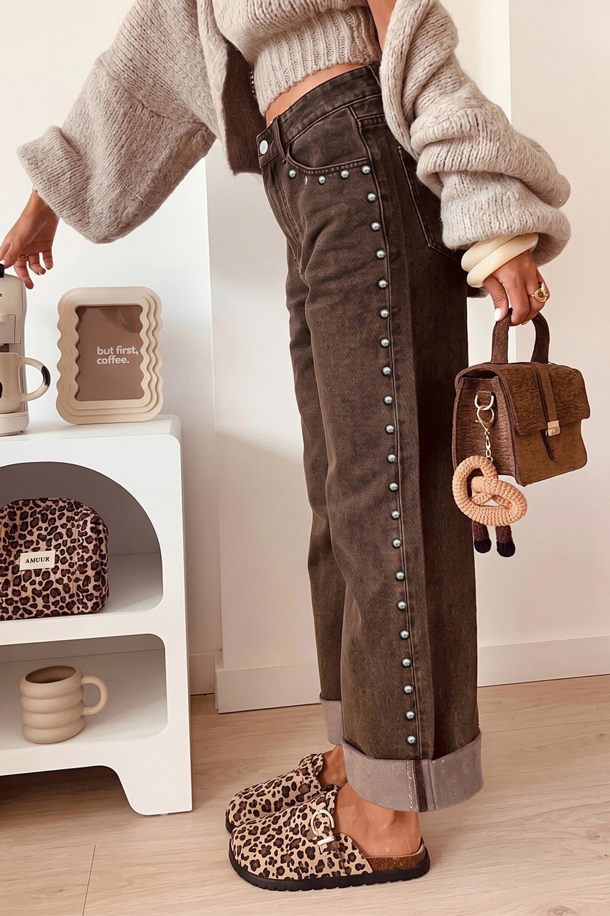 Navy Blue Studded Detail Straight Leg Casual Loose Jeans