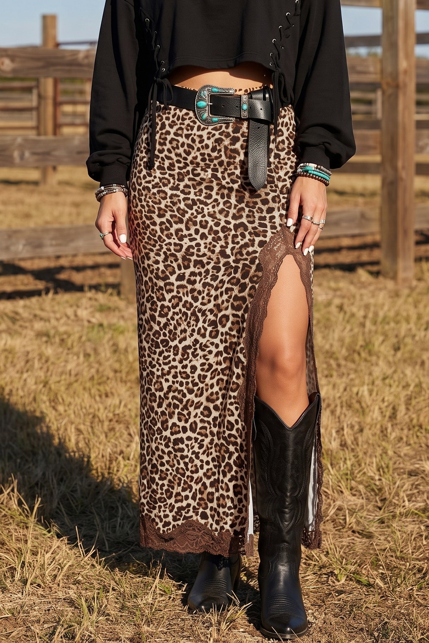 Multicolour Cheetah Print Trim Split Long Western Skirt