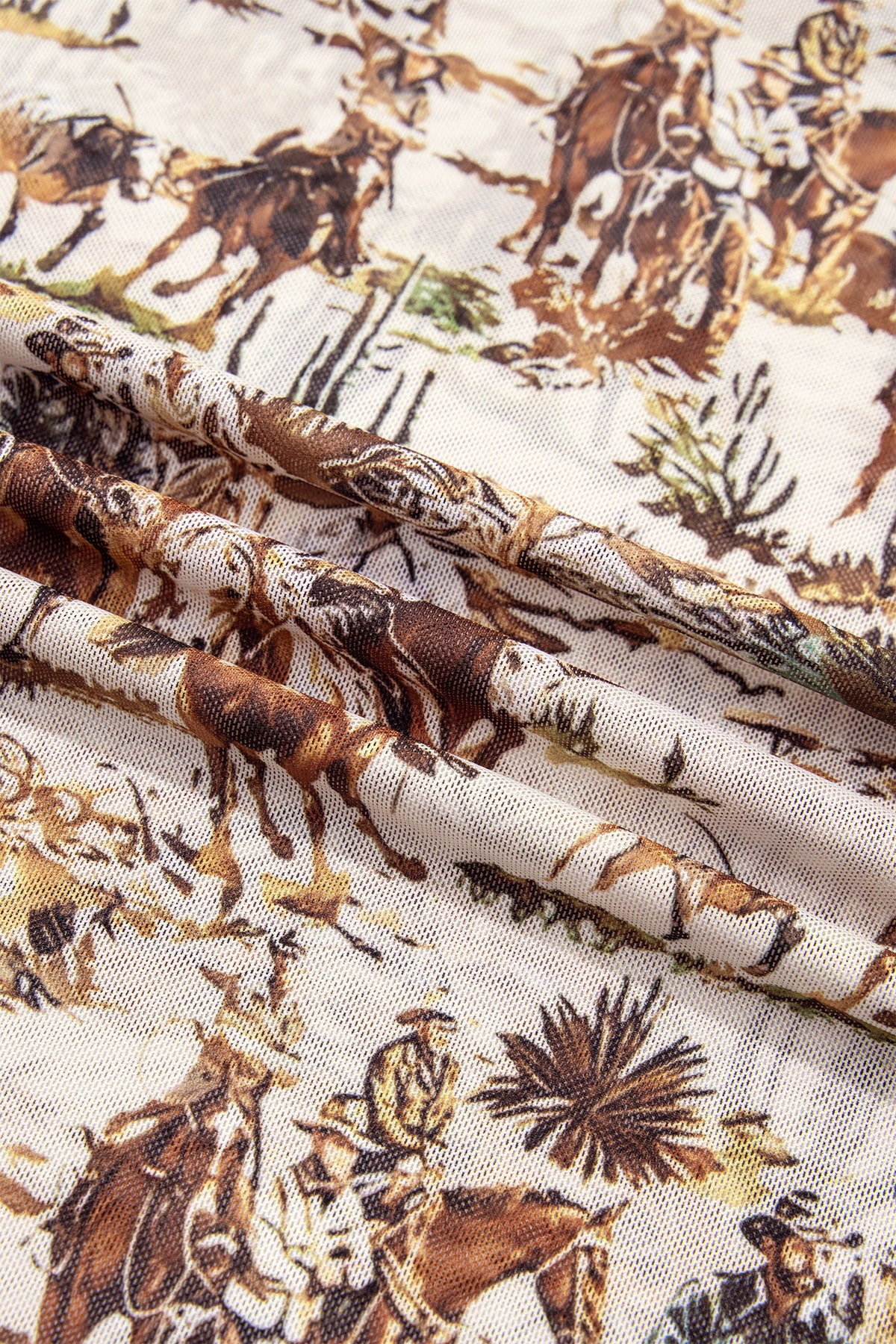 Brown or Beige  Western Cowboy & Floral Sheer Mesh Long Sleeve Top