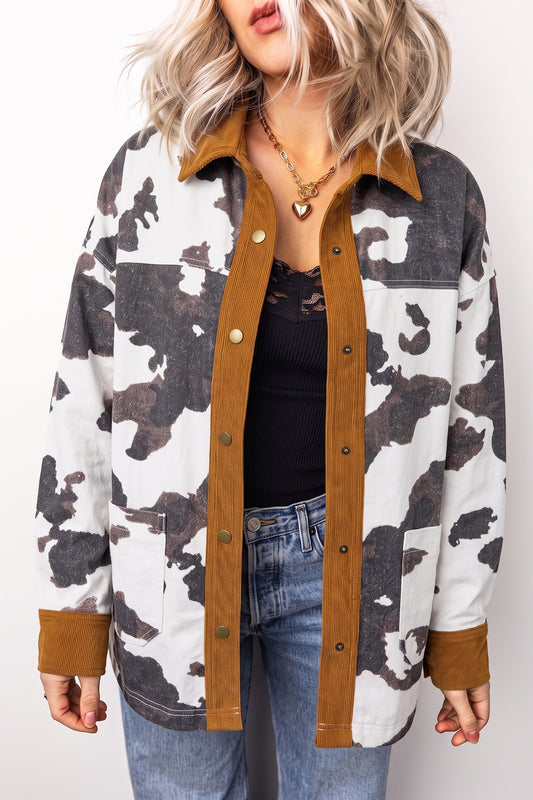 Western Cow Print Corduroy-Trim Denim Jacket