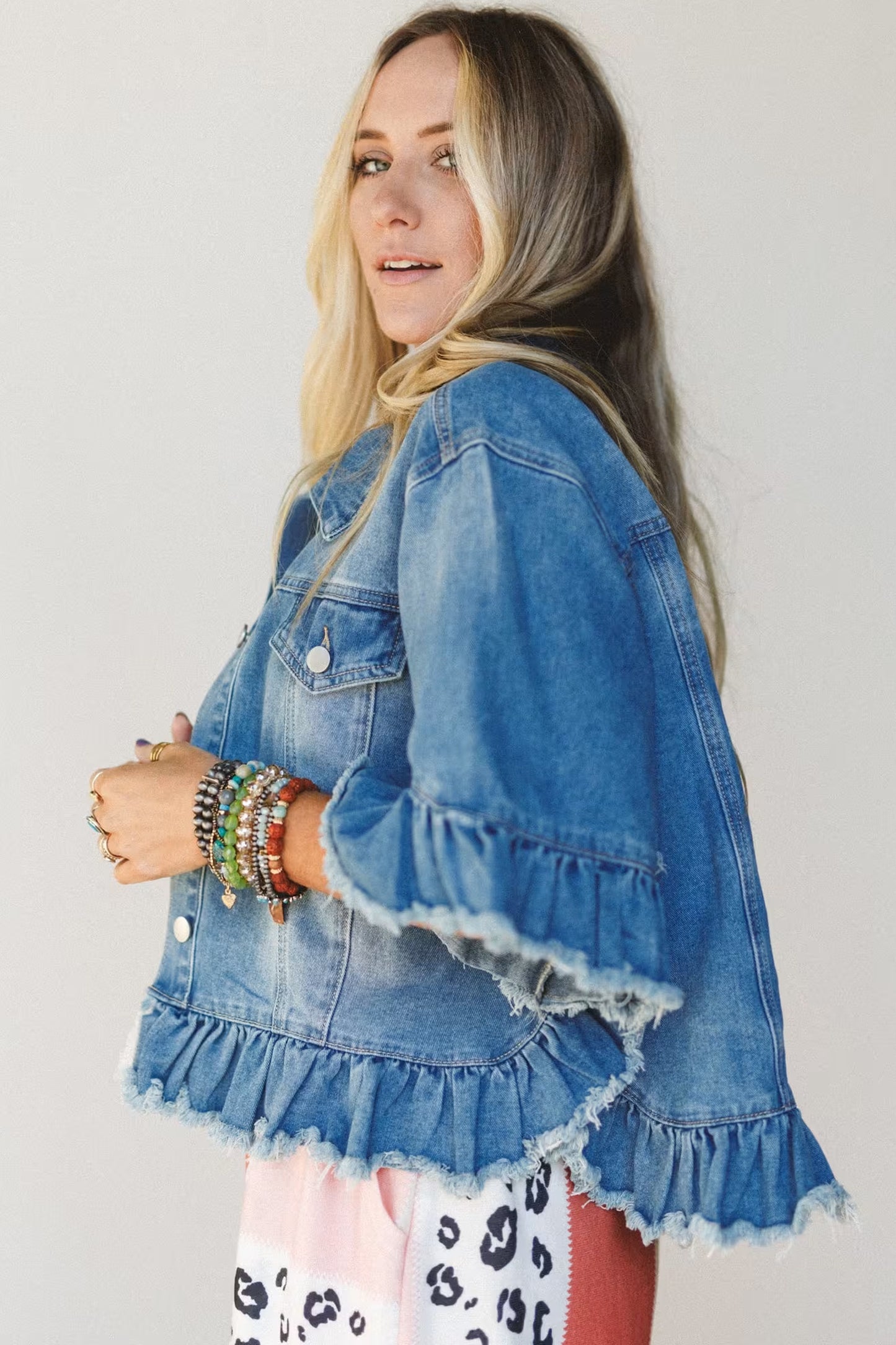 Blue Ruffle Hem Raw Edge Half Sleeve Western Denim Jacket