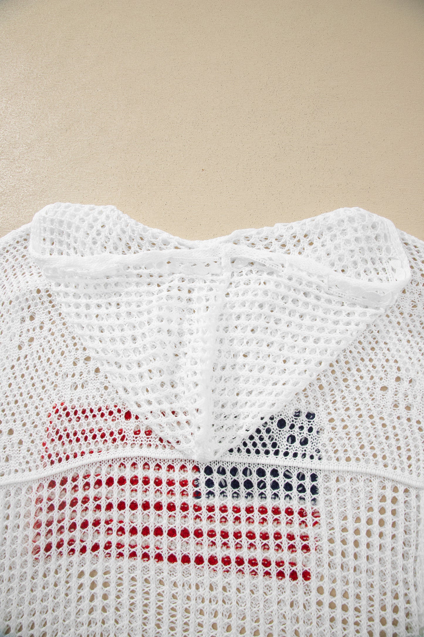 White Hollow Out Crochet Knit American Flag Patched Sweater Hoodie