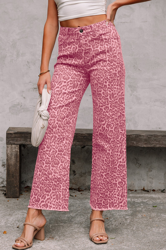 Leopard Frayed Wide Leg Jeans Multiple Colors