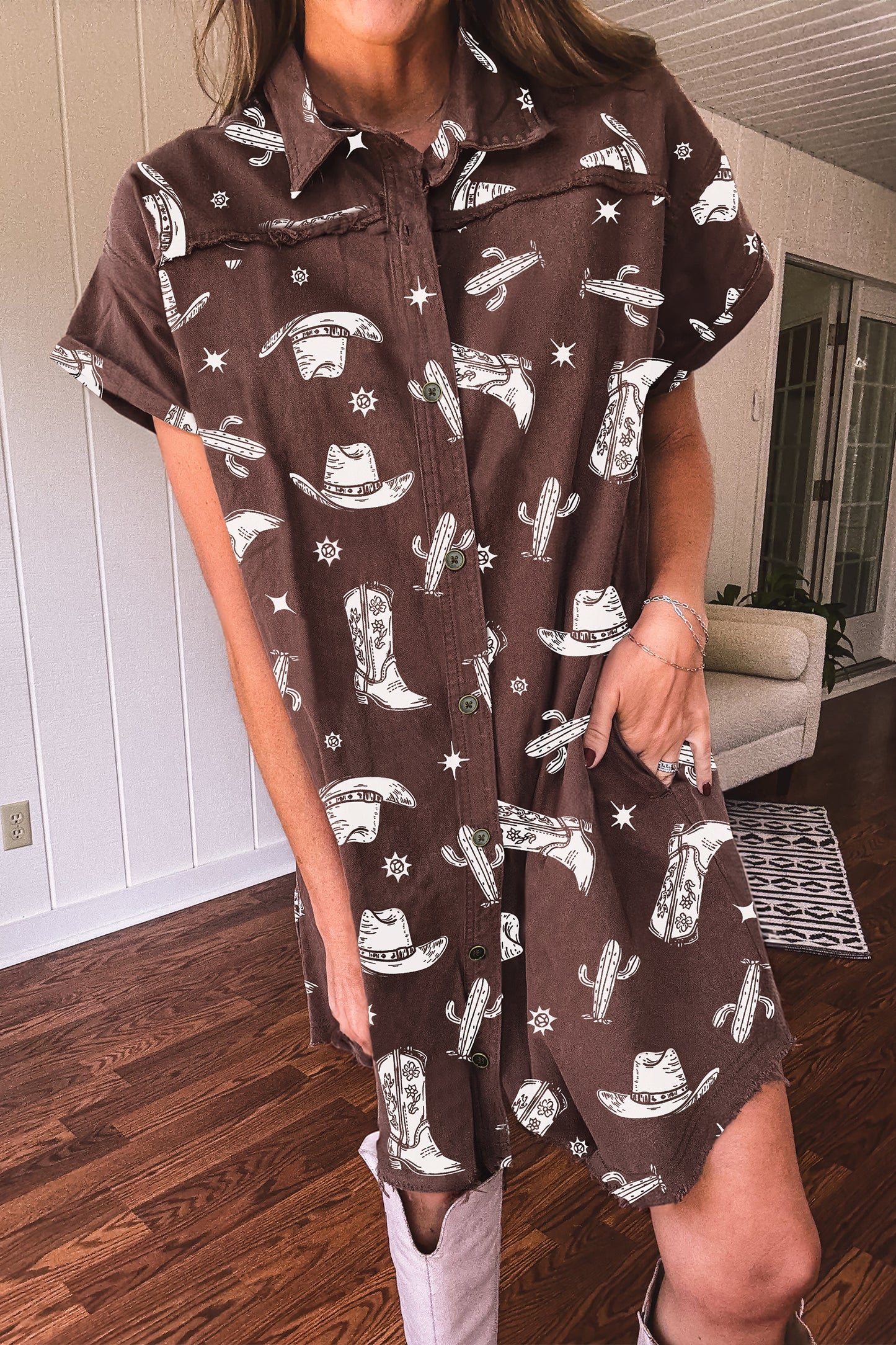 Brown Cowgirl Print Raw Edge Denim Dress