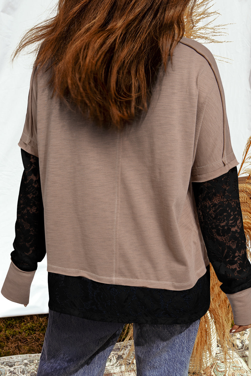Sheer Lace Patchwork Long Sleeve Tee in Dark and Light Brown