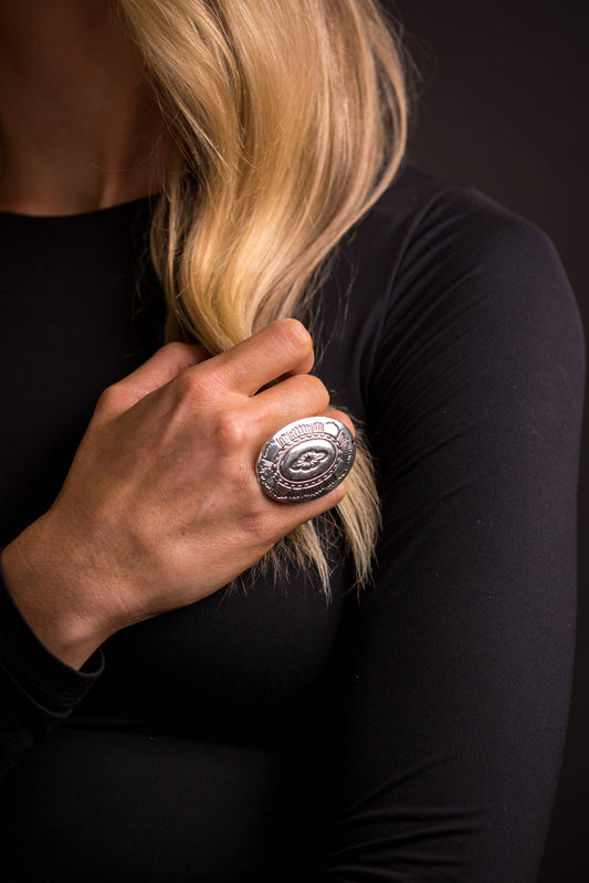 Adjustable Large Stamped Silver Concho Ring