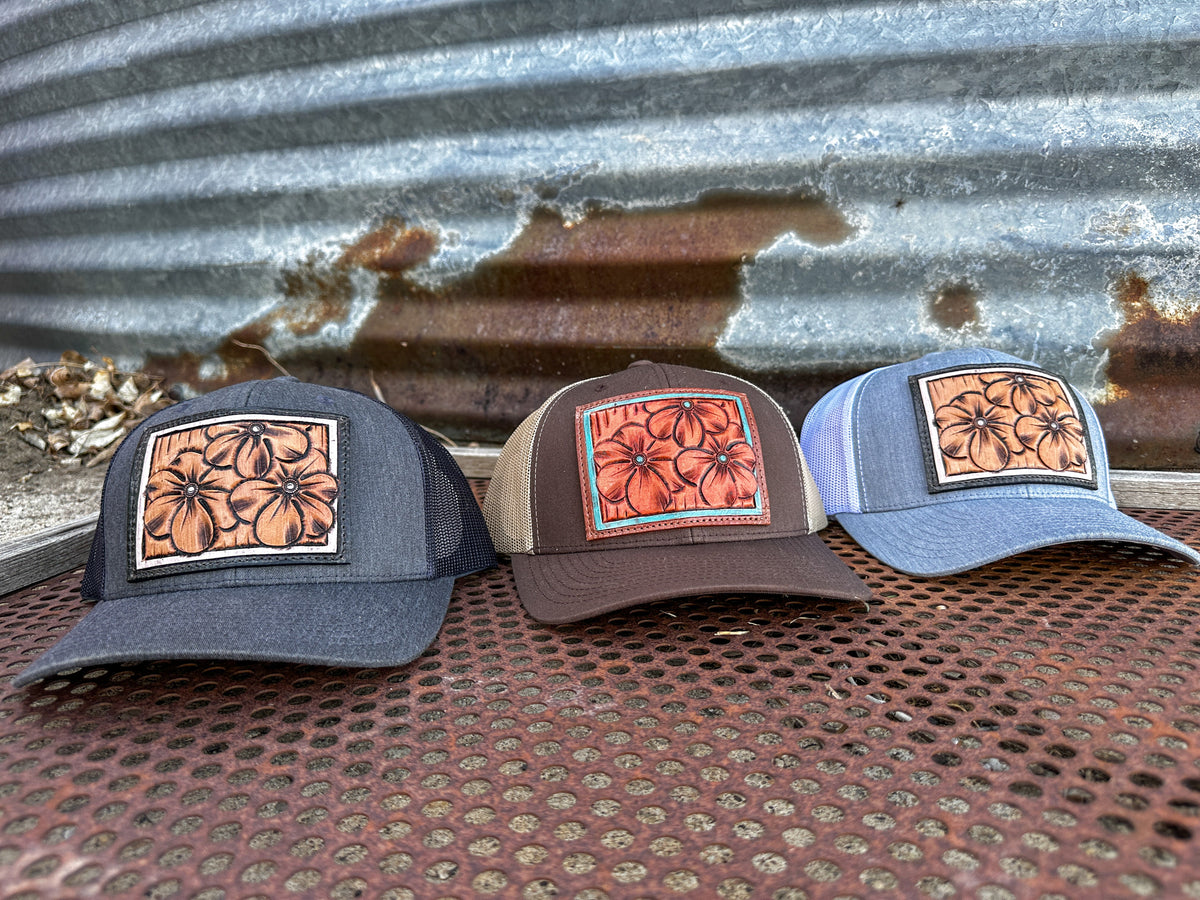 The Primrose Hand-Tooled Leather Patch Trucker Cap