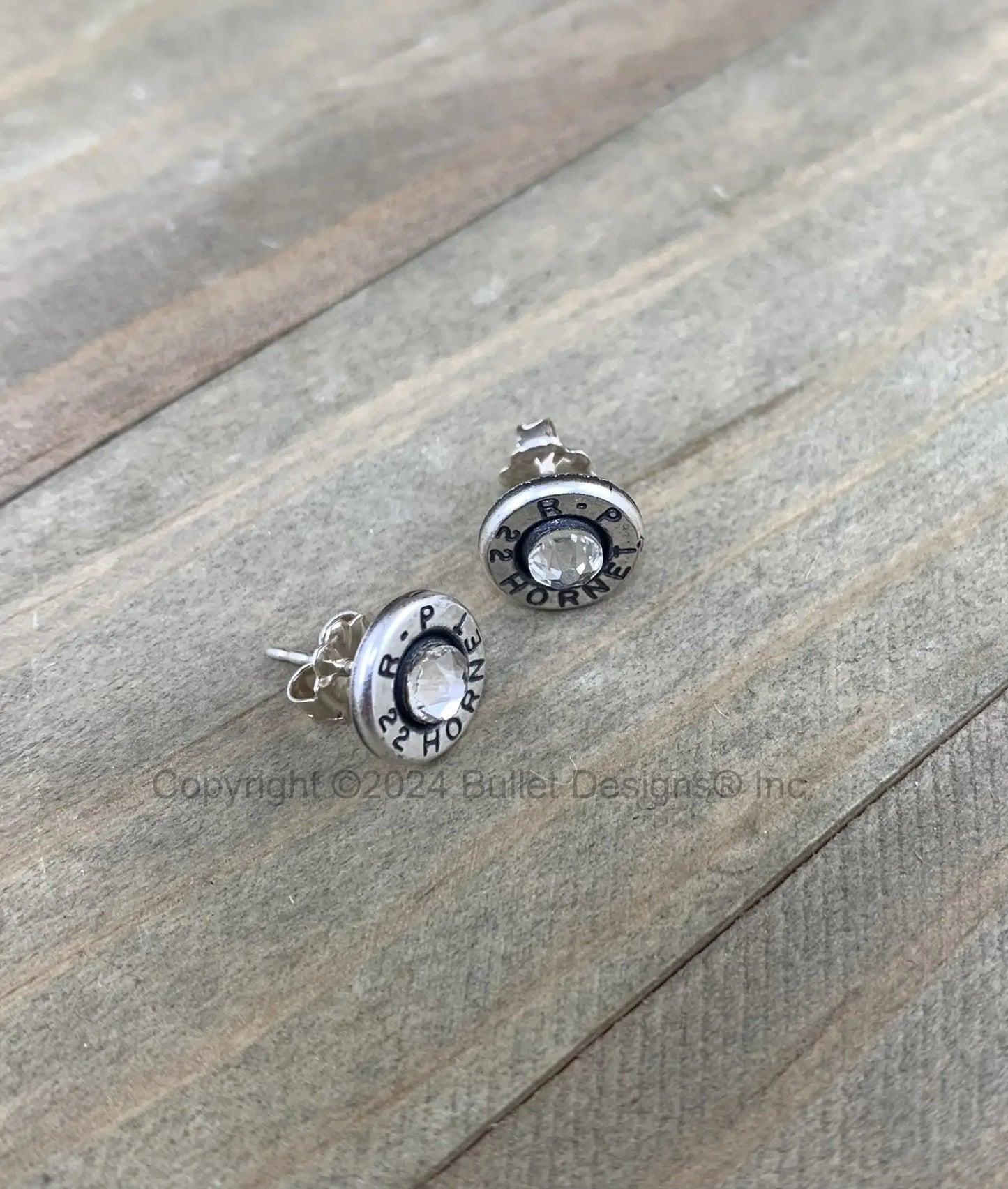 Rugged Bullet Stud Earrings / 22 Hornet Antique Silver Bullet Head / Sterling Earrings/ Sterling Studs Earrings/ Black lettering