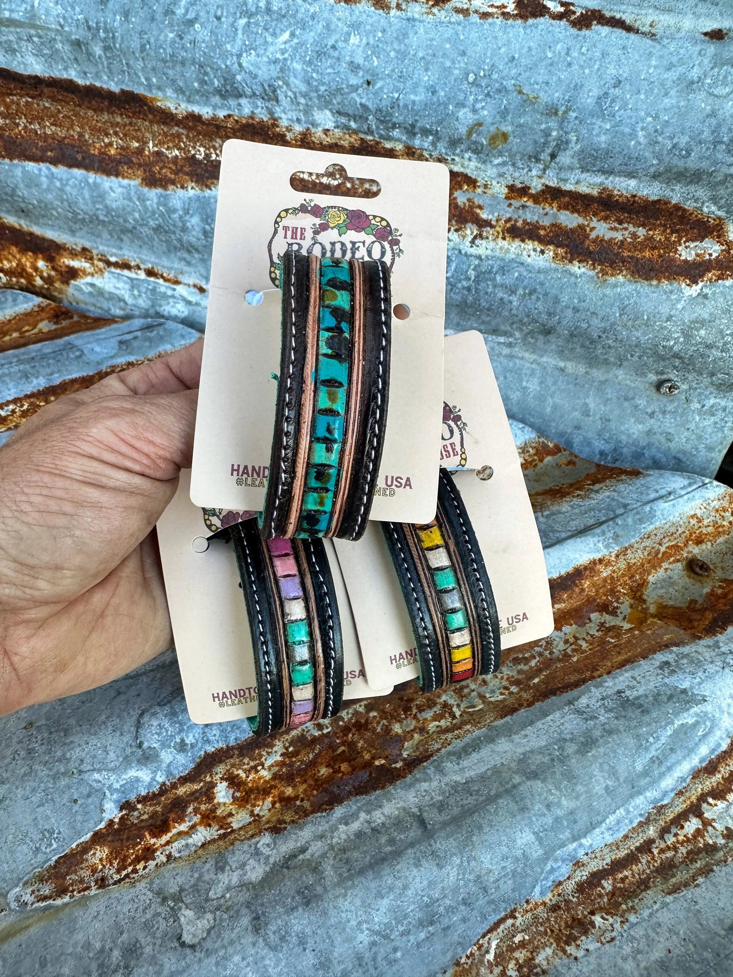 Beaded Turquoise Tooled Leather Cuff