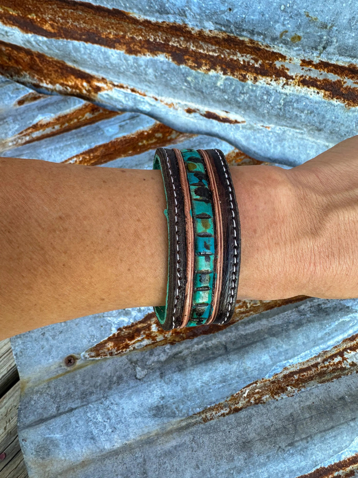 Beaded Turquoise Tooled Leather Cuff
