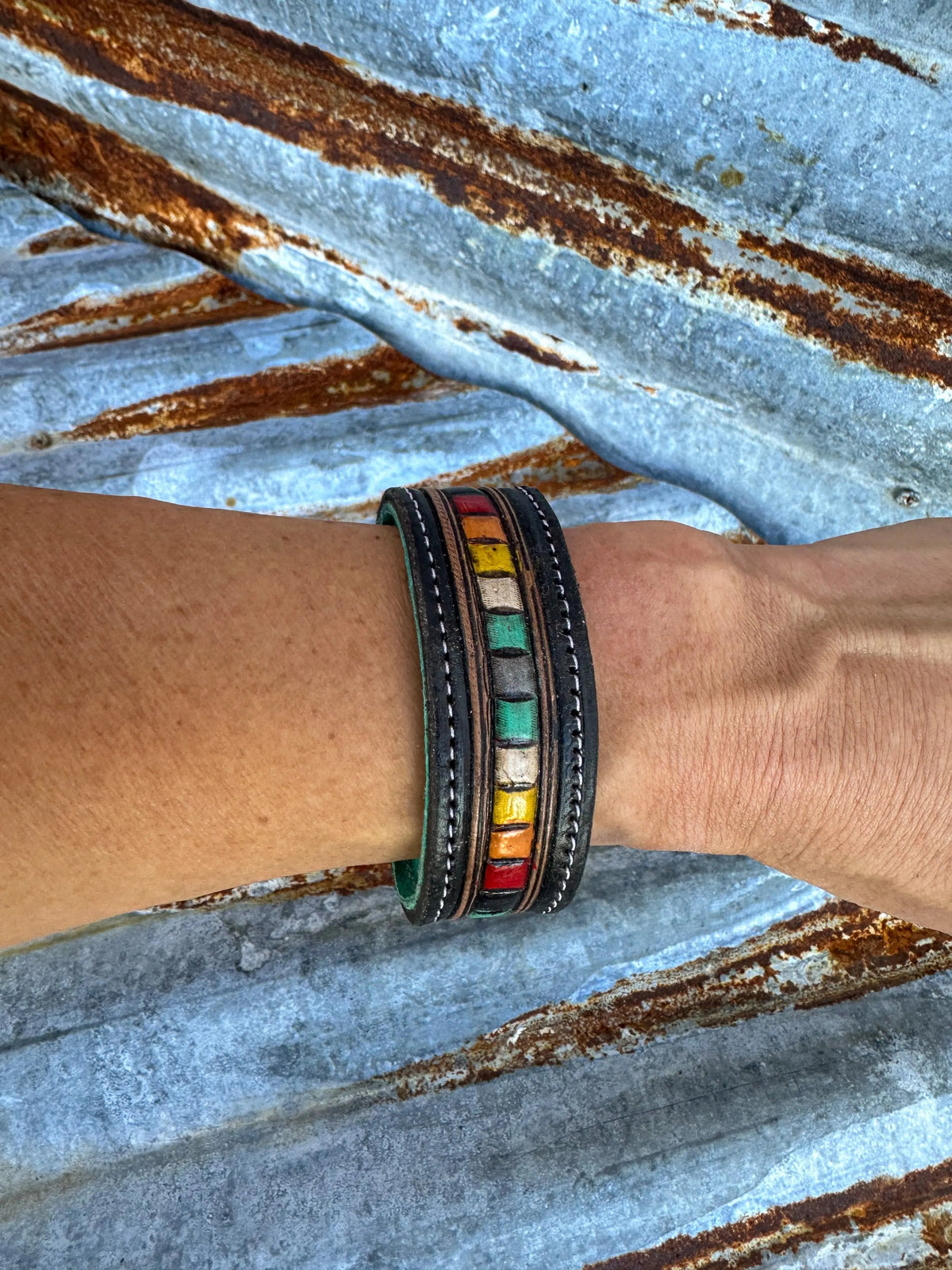 Beaded Turquoise Tooled Leather Cuff