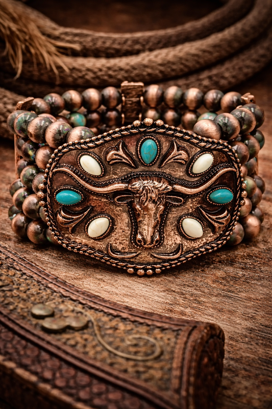 Copper Longhorn Buckle Beaded Bracelet