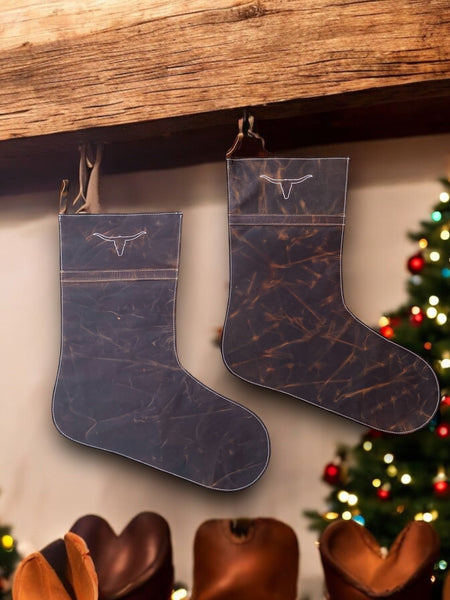 2pc Highland Cow Christmas Stockings Rustic Leather