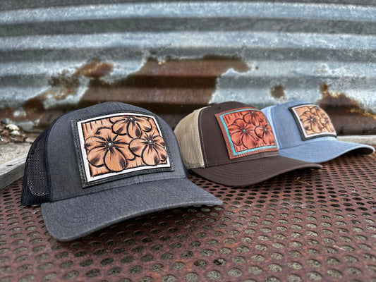 The Primrose Hand-Tooled Leather Patch Trucker Cap