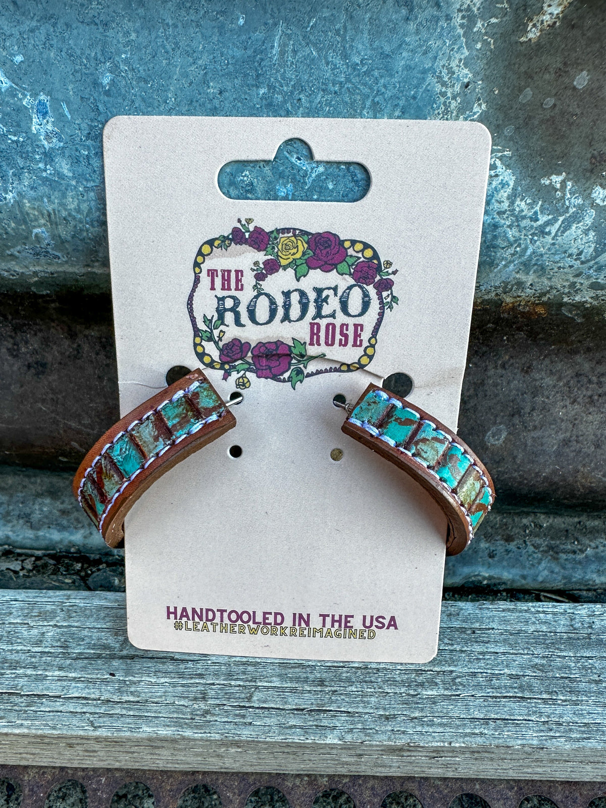 Vera Hoops — Hand-Tooled Turquoise Leather Earrings