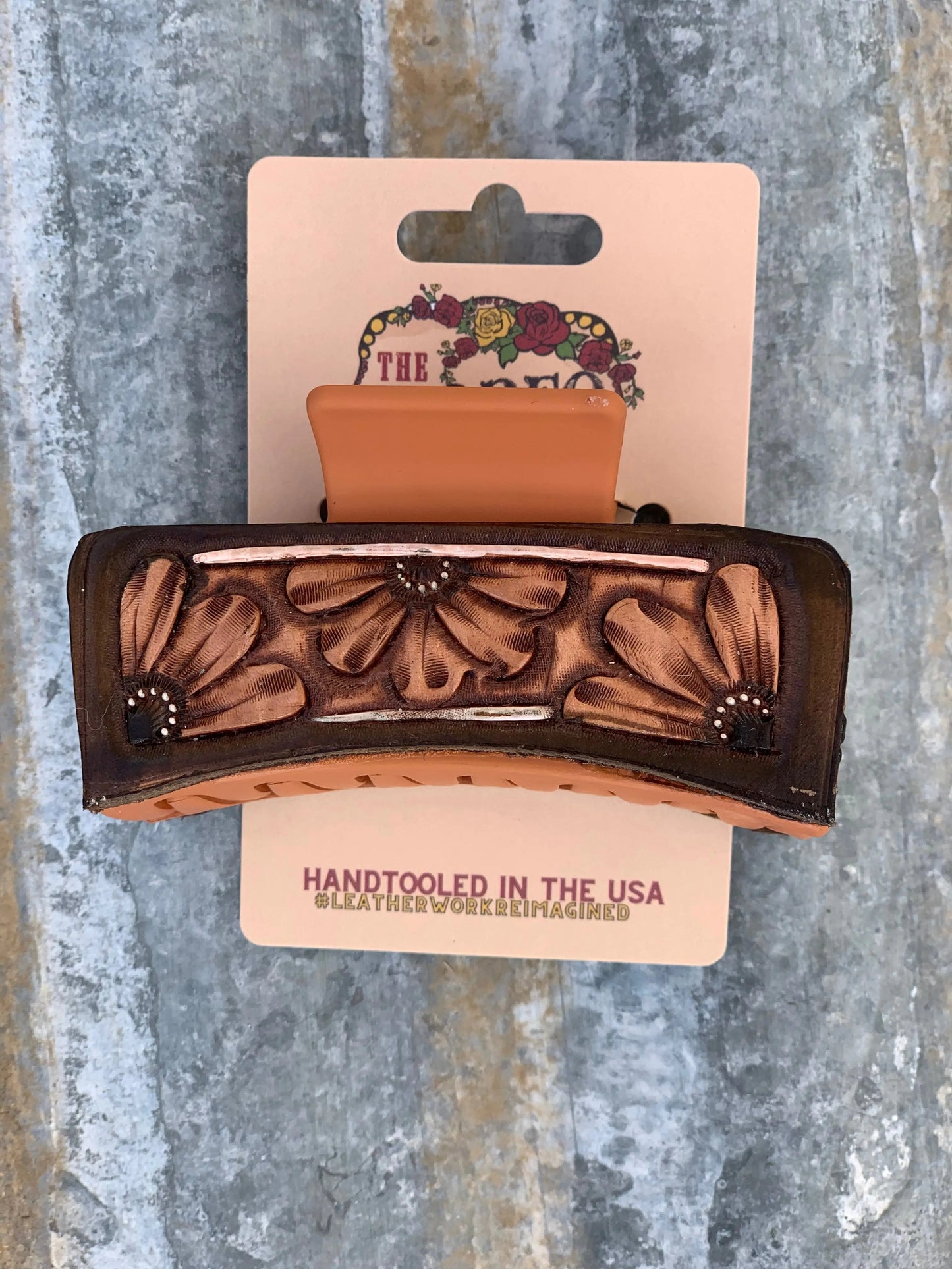 Hand-Tooled Daisy Leather Hair Clip — Large