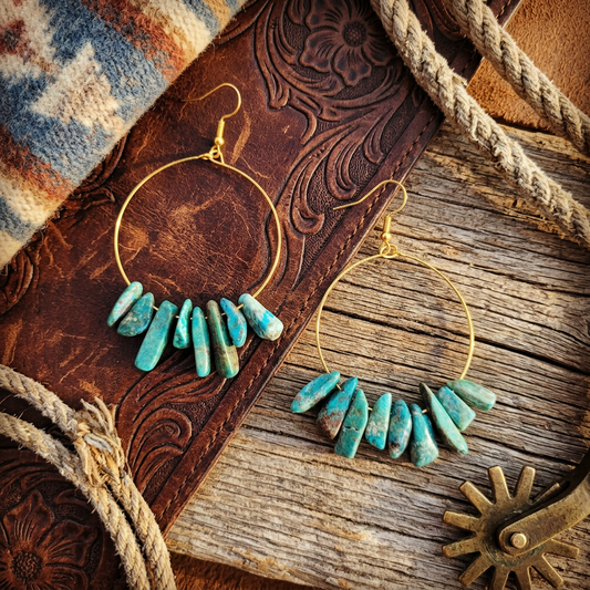 Beaded Hoop Earrings- Genuine Natural Turquoise Stacked Stones