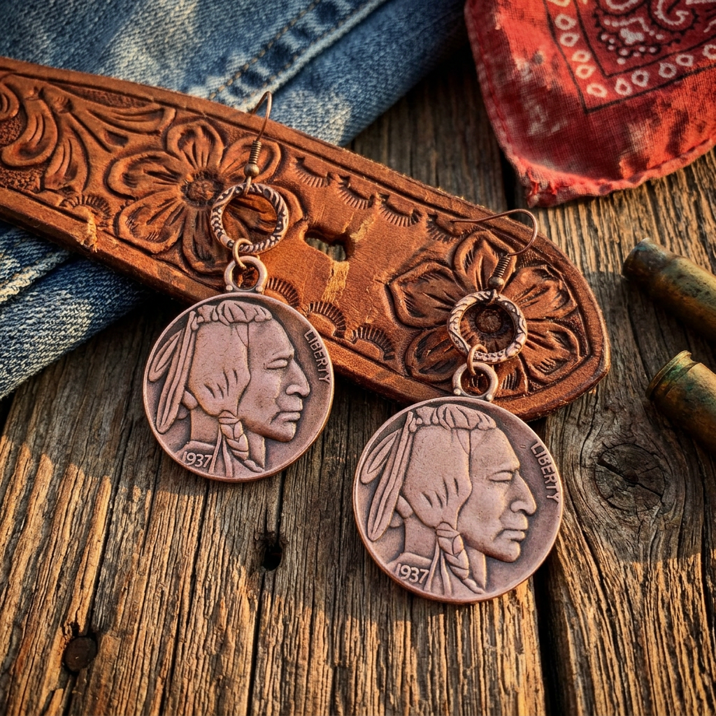 Copper Indian Buffalo Head Earrings