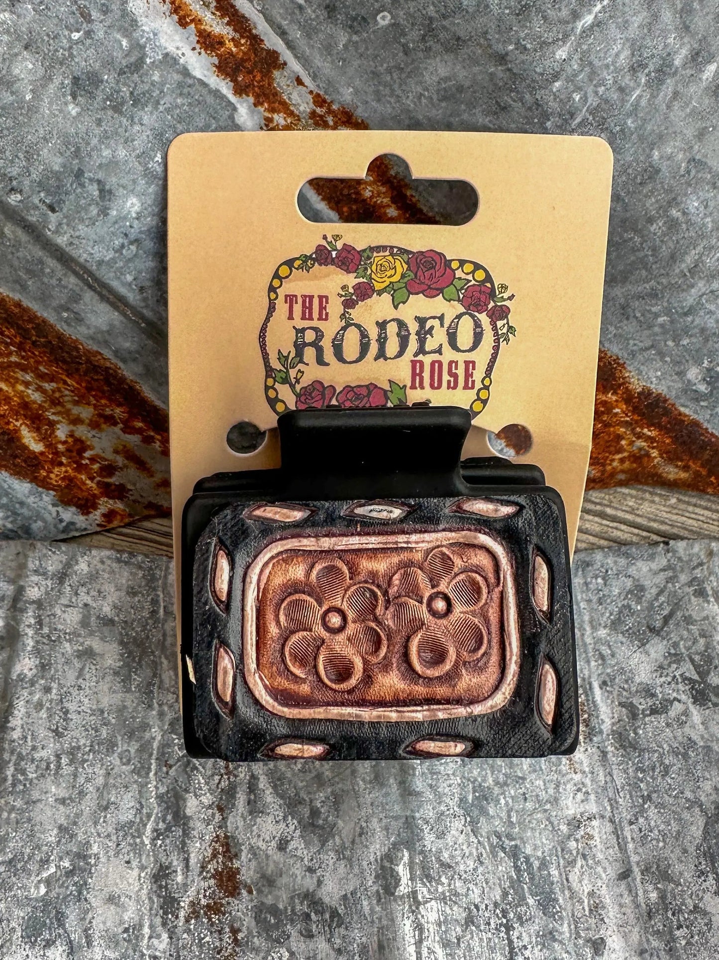 Hand-Tooled Buck Stitch Floral Leather Hair Clip